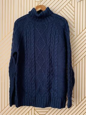 WoolOvers Pure Wool Turtle Neck Fisherman Sweater cable knit chunky turtleneck L